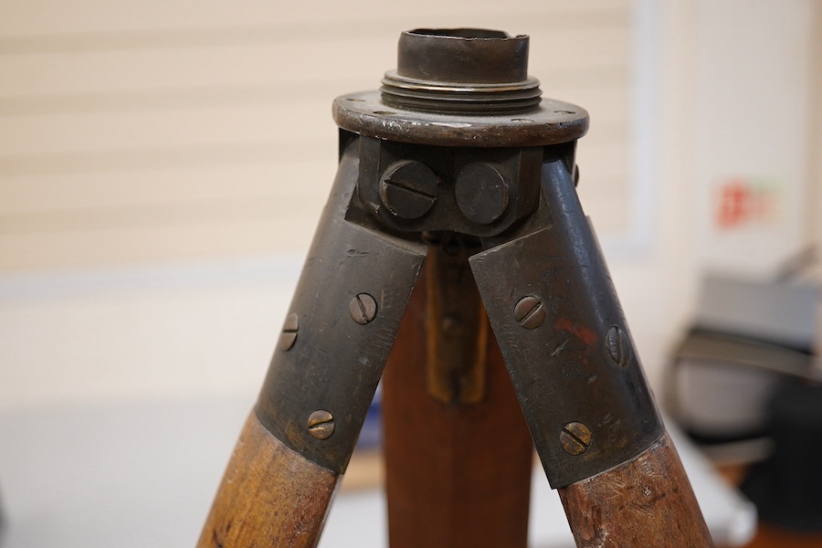 A mid 19th century Elliott Bros., London theodolite and teak tripod, with owner’s engraved name for John Frederick Bateman, the theodolite has been mounted on a later base for display.